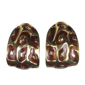 Enamel Animal Print Earrings CLIP ON Goldtone Vintage 1980 Statement 1 Inch